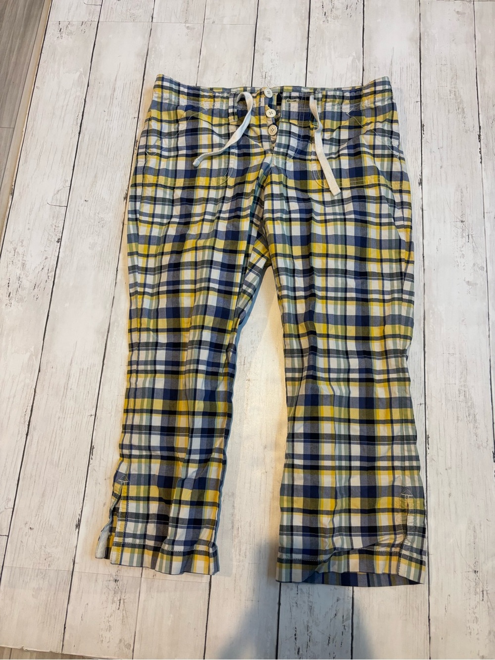 American Eagle Outfitters Yellow Navy Plaid Capris with Drawstring